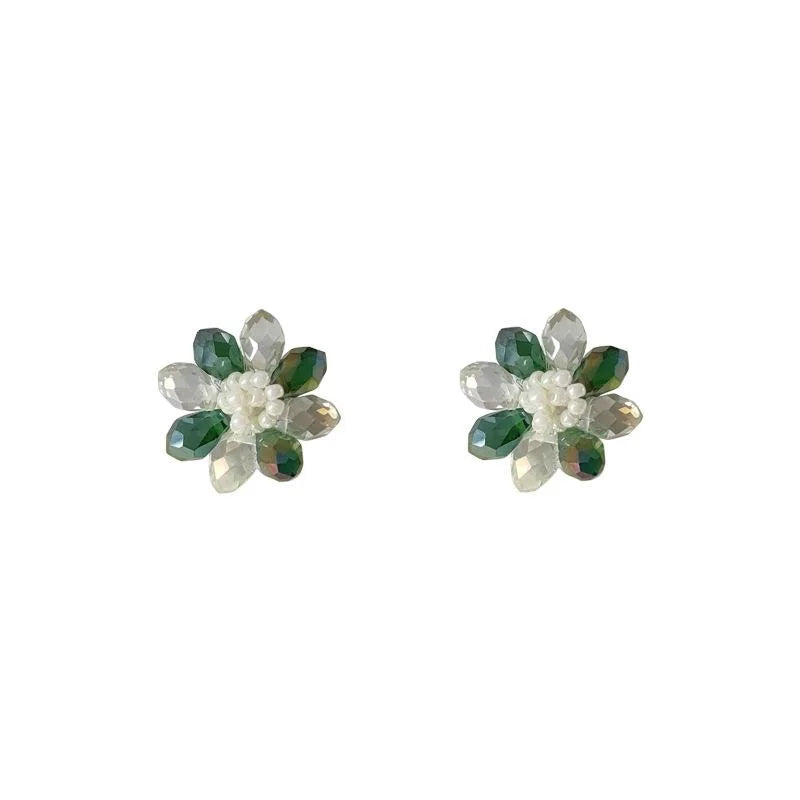 Mint Green Crystal Glass Flower Stud Earrings Handmade Beaded Sweet Forest Style