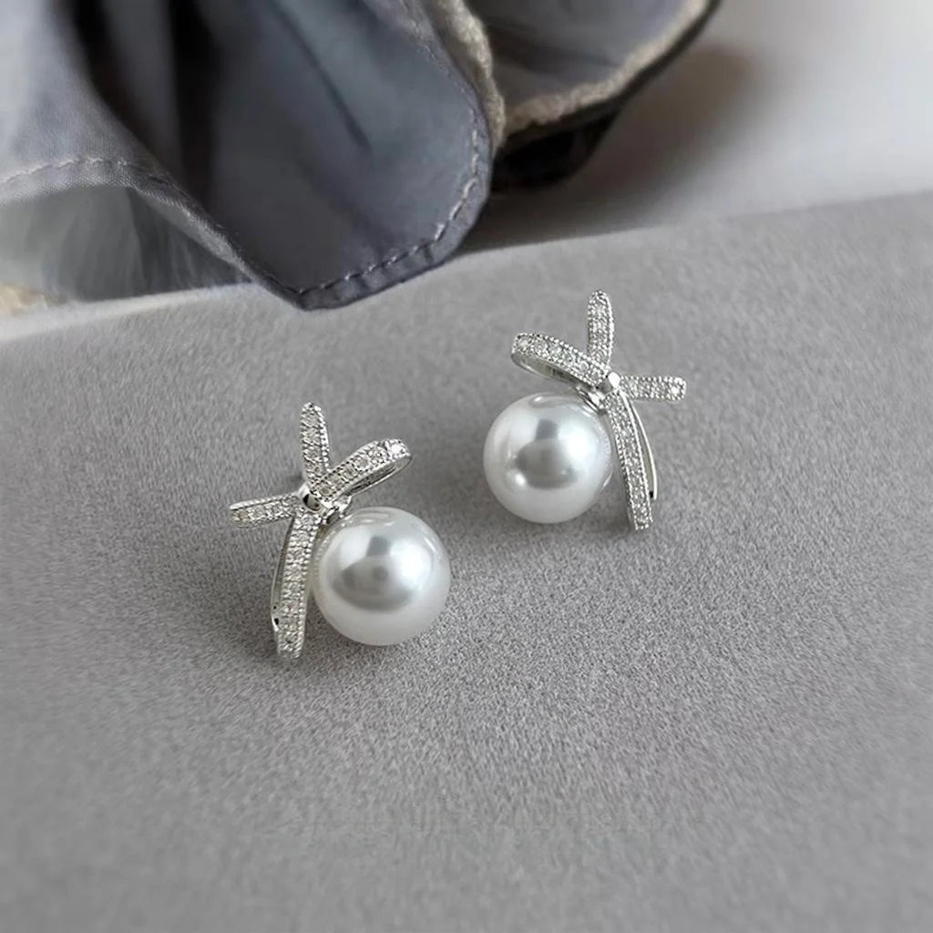 Light Luxury Bowknot Micro Pave Zircon Copper Silver Plated Stud Earrings For Women