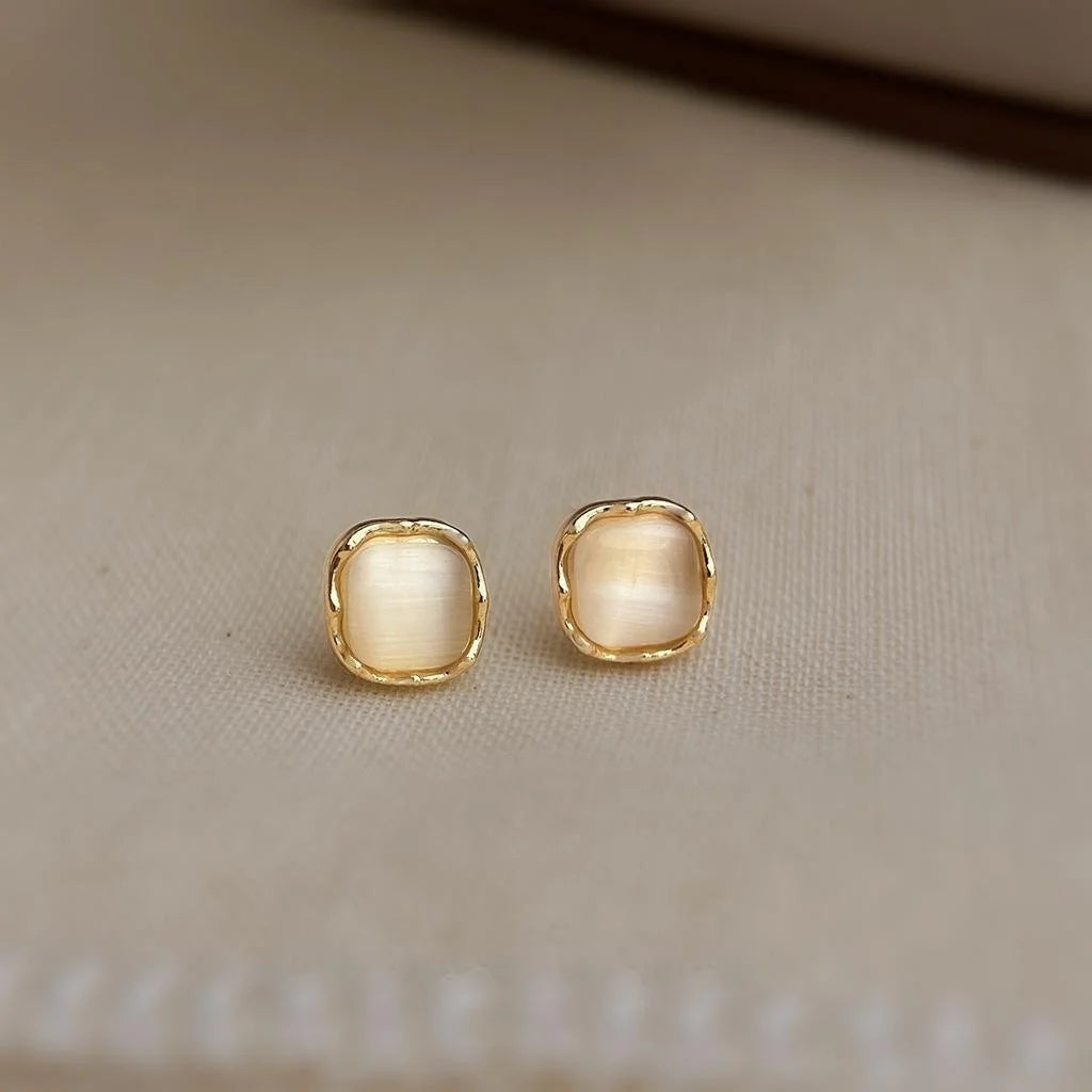 Minimalist 14K Plated Copper Square Glass Cat Eye Stone Stud Earrings With Silver Plated Pins