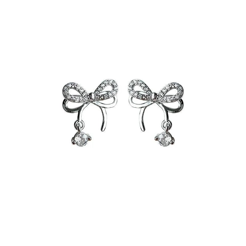Sweet Cool Micro Pave Zircon Hollow Bow Stud Earrings, Copper Silver Plated Pin Commuter Jewelry