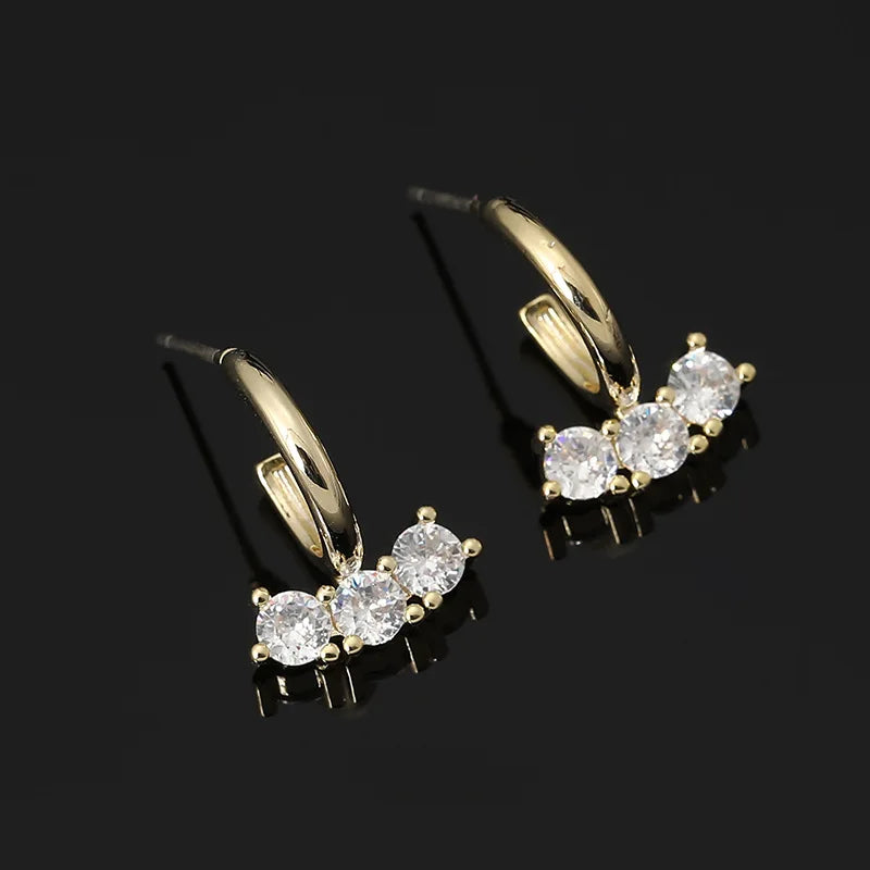 Elegant Gold Alloy Spiral Coil Hoop With Three Zircon Stones, Stud & Clip On No Piercing Earrings