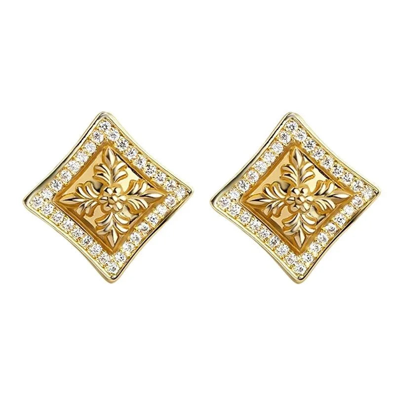 High-End Iris Flower Geometric Square Micro Pave Zircon Copper Stud Earrings With Silver Plated Pins