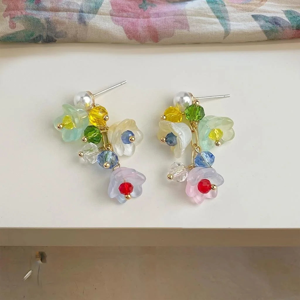 Sweet Lily Of The Valley Handmade Glass Crystal Pearl Floral Drop Earrings For Women