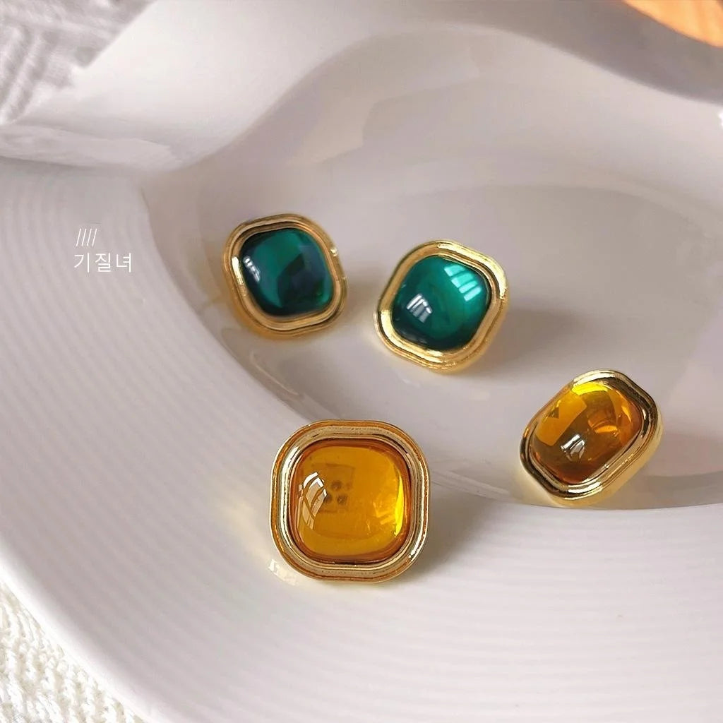 14K Gold Plated Square Geometric Stud Earrings French Vintage Metal Jewelry