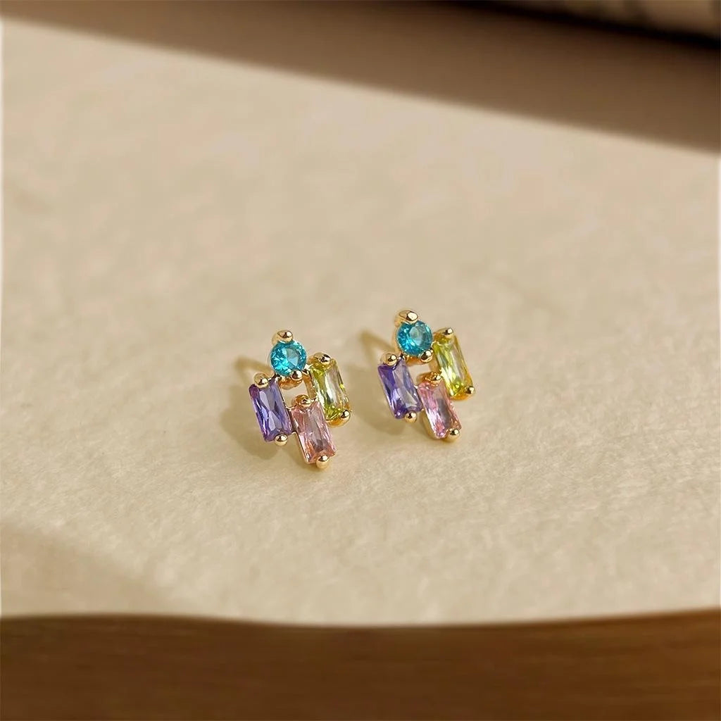 Colorful Micro Pave Zircon Geometric Stud Earrings Sweet Summer Mini Jewelry For Women