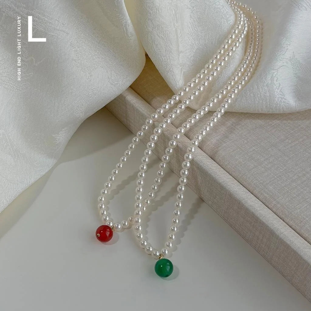 Light Luxury Red And Green Agate Glass Pearl Geometric Choker Necklace