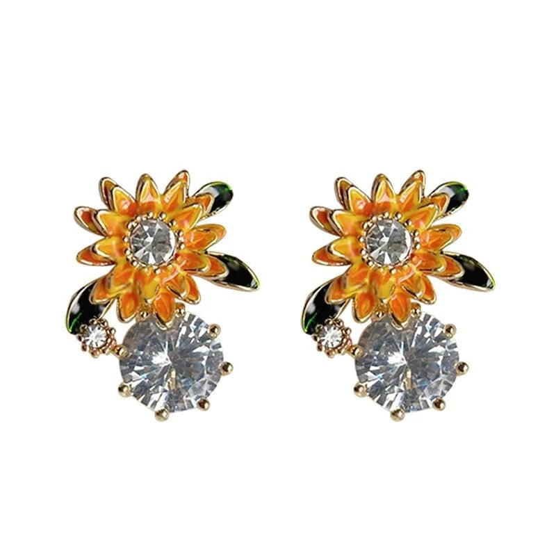 Vintage Sunflower Enamel Copper Drop Earrings With Micro Pave Zircon Floral Design