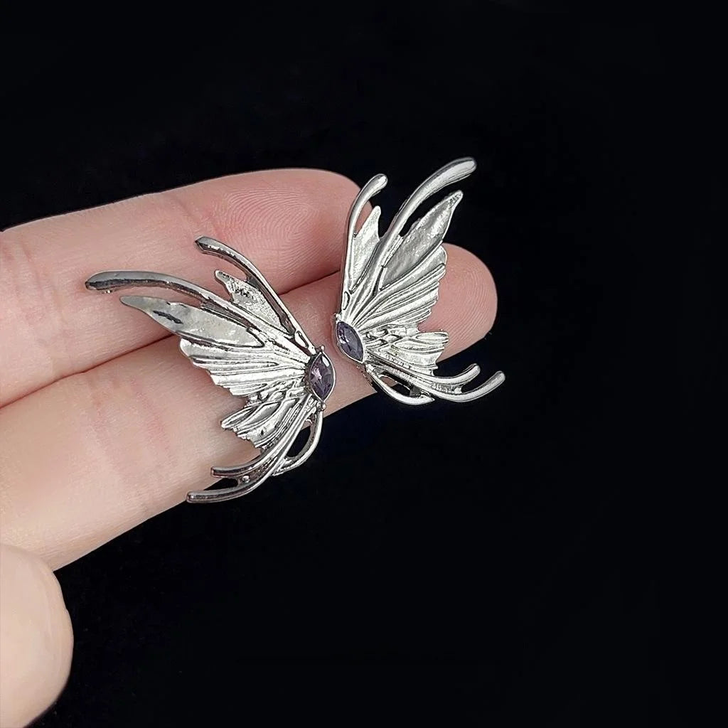 Sweet Cool Punk Butterfly Stud Earrings, Copper Liquid Metal Geometric Micro Pave Zircon Jewelry