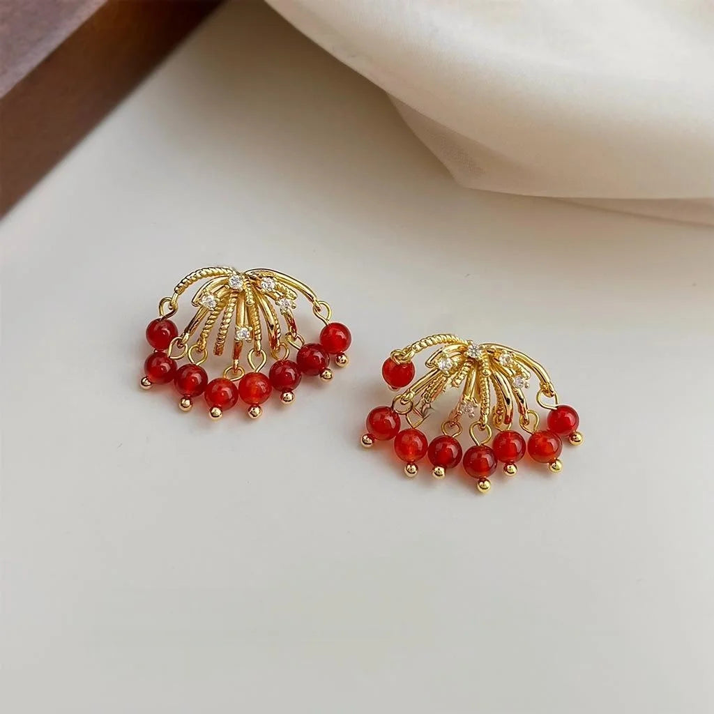 Old Money Style Copper Red Agate Zircon Micro Pave Round Geometric Drop Earrings