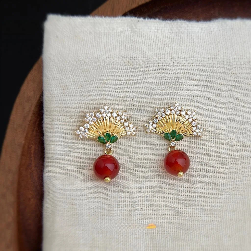 Original Chinese Style Micro Pave Zircon Fan Red Agate Ethnic Drop Earrings