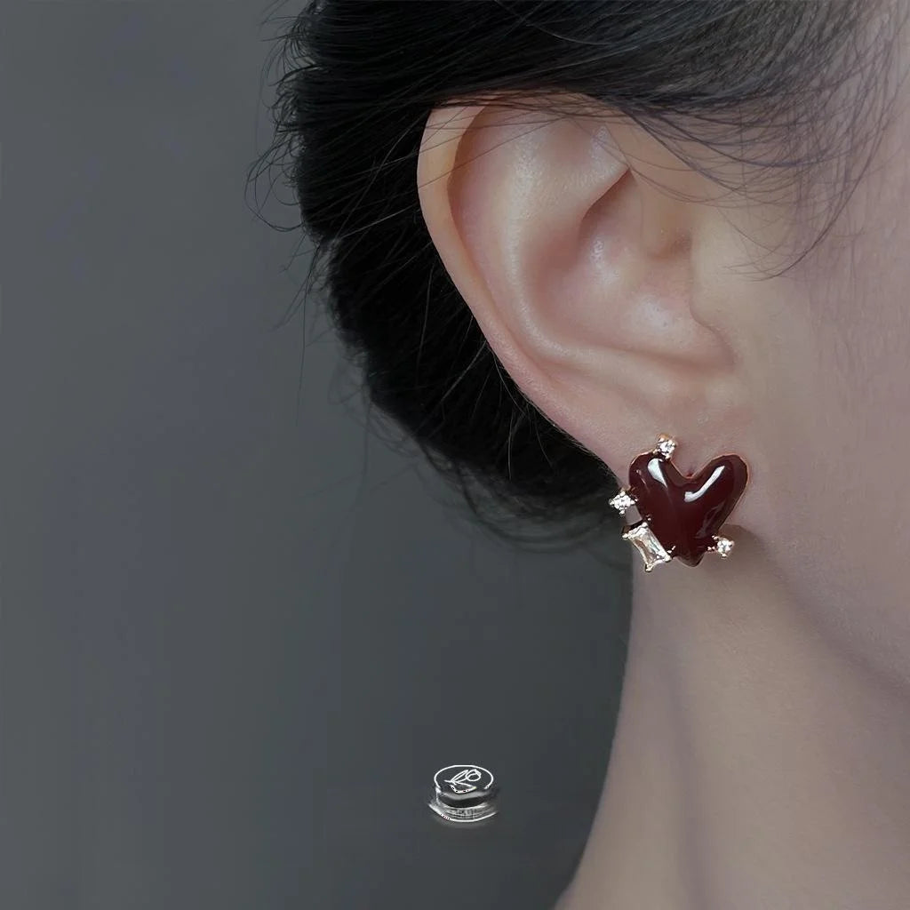 French Vintage Burgundy Heart Stud Earrings With Micro Pave Zircon Copper