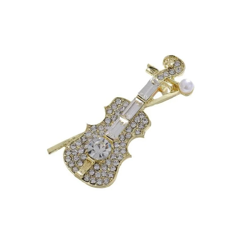 Elegant Violin Brooch With Sparkling Rhinestones And Pearl Accent, Gold Tone Alloy Lapel Pin Gift