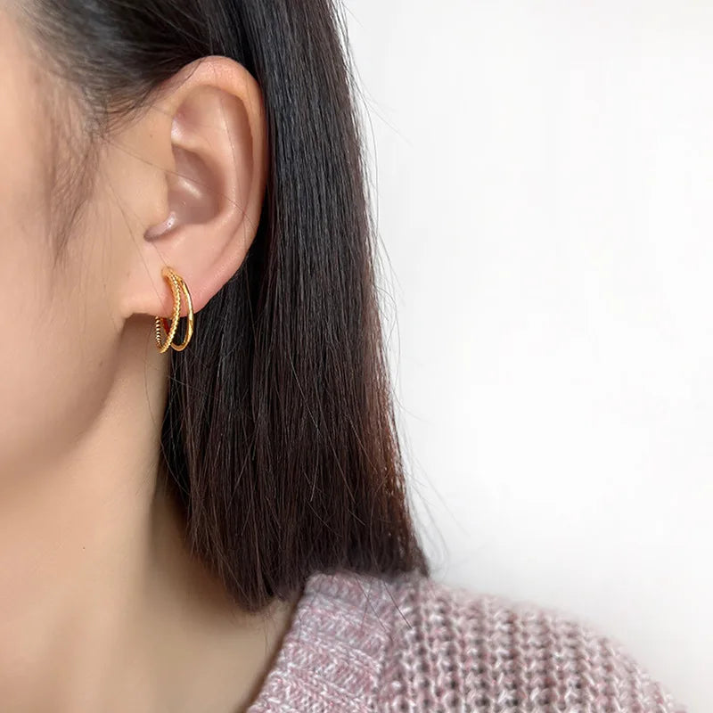 Vintage Double Hoop Spiral Alloy Stud & Clip On No Piercing Hong Kong Style Hoop Earrings