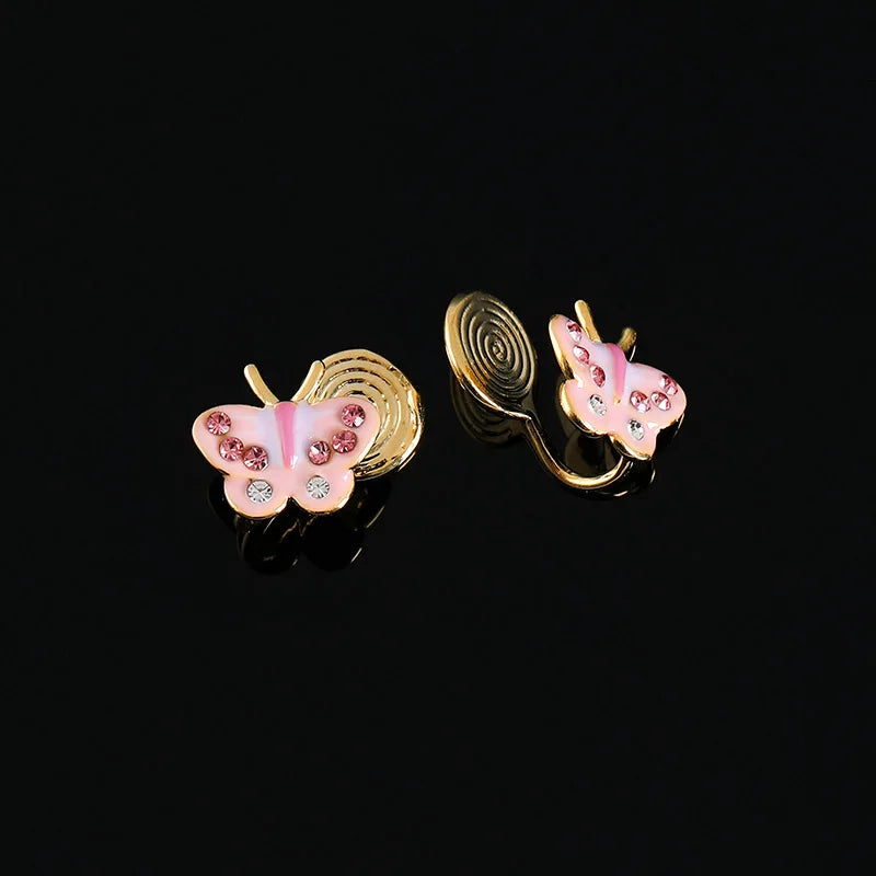 Sweet Pink Enamel Butterfly Rhinestone Spiral Disc Stud & Clip On No Piercing Earrings