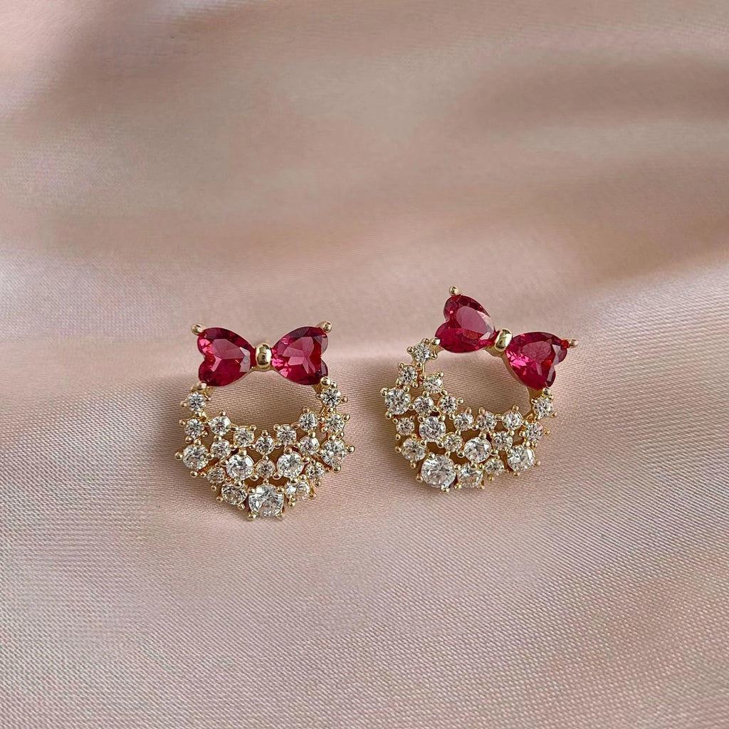 Sweet Princess Copper Micro Pave Zircon Bow Handbag Stud Earrings Rose Red Luxury Jewelry