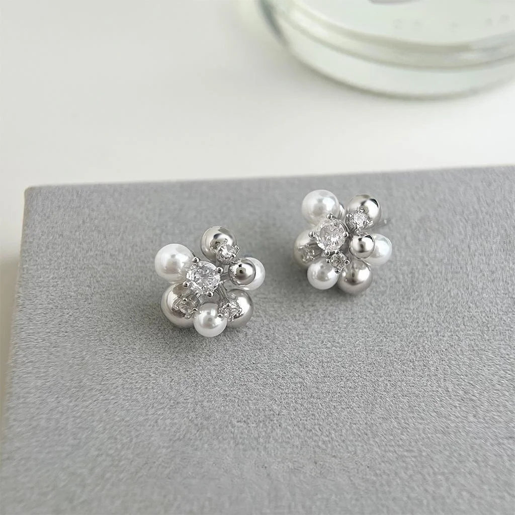 Minimalist Flower Ball Micro Pave Zircon Copper Stud Earrings