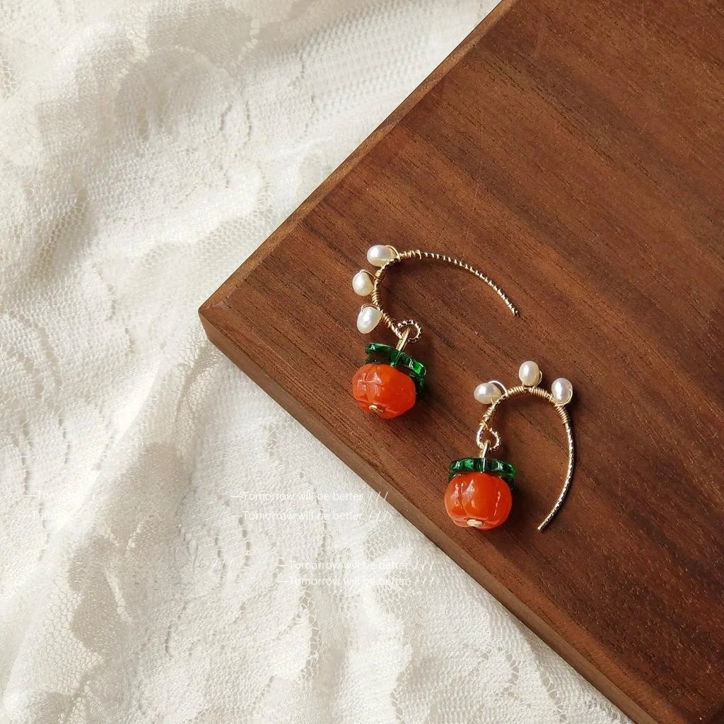 Vintage New Chinese Handmade Glass Persimmon Freshwater Pearl Drop Earrings Autumn Fruit Jewelry