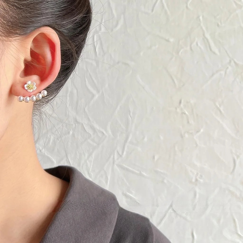 Korean Sweet Flower Pearl Stud Earrings, Silver Plated Copper Minimalist Fashion Jewelry