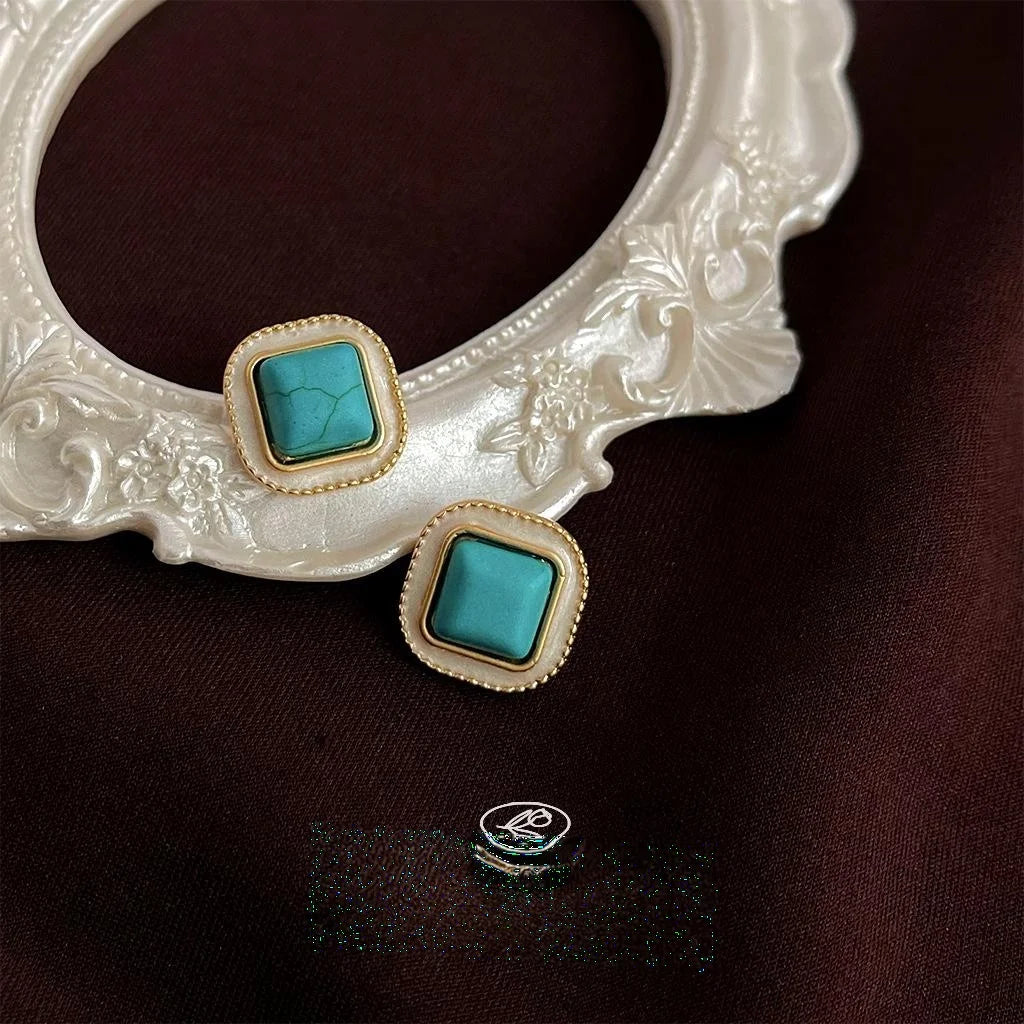 Vintage Court Style Square Geometric Copper Synthetic Turquoise Stud Earrings For Women