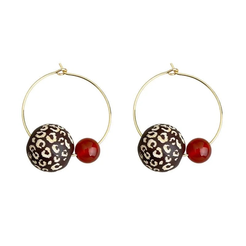 Vintage Maillard Leopard Print Wood Bead Hoop Earrings Red Agate Copper Geometric Round Jewelry