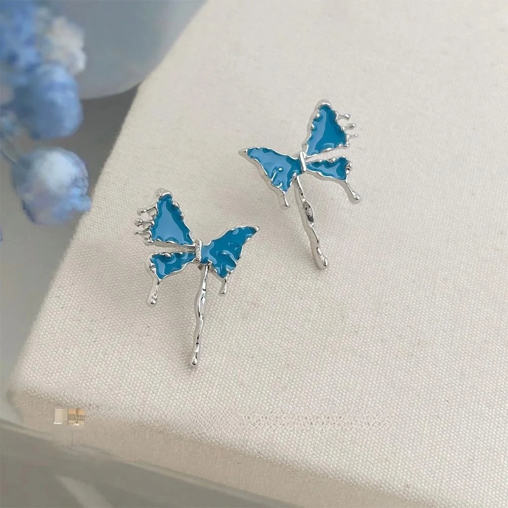 Sweet Cool Haze Blue Butterfly Enamel Wing Stud Earrings, Copper