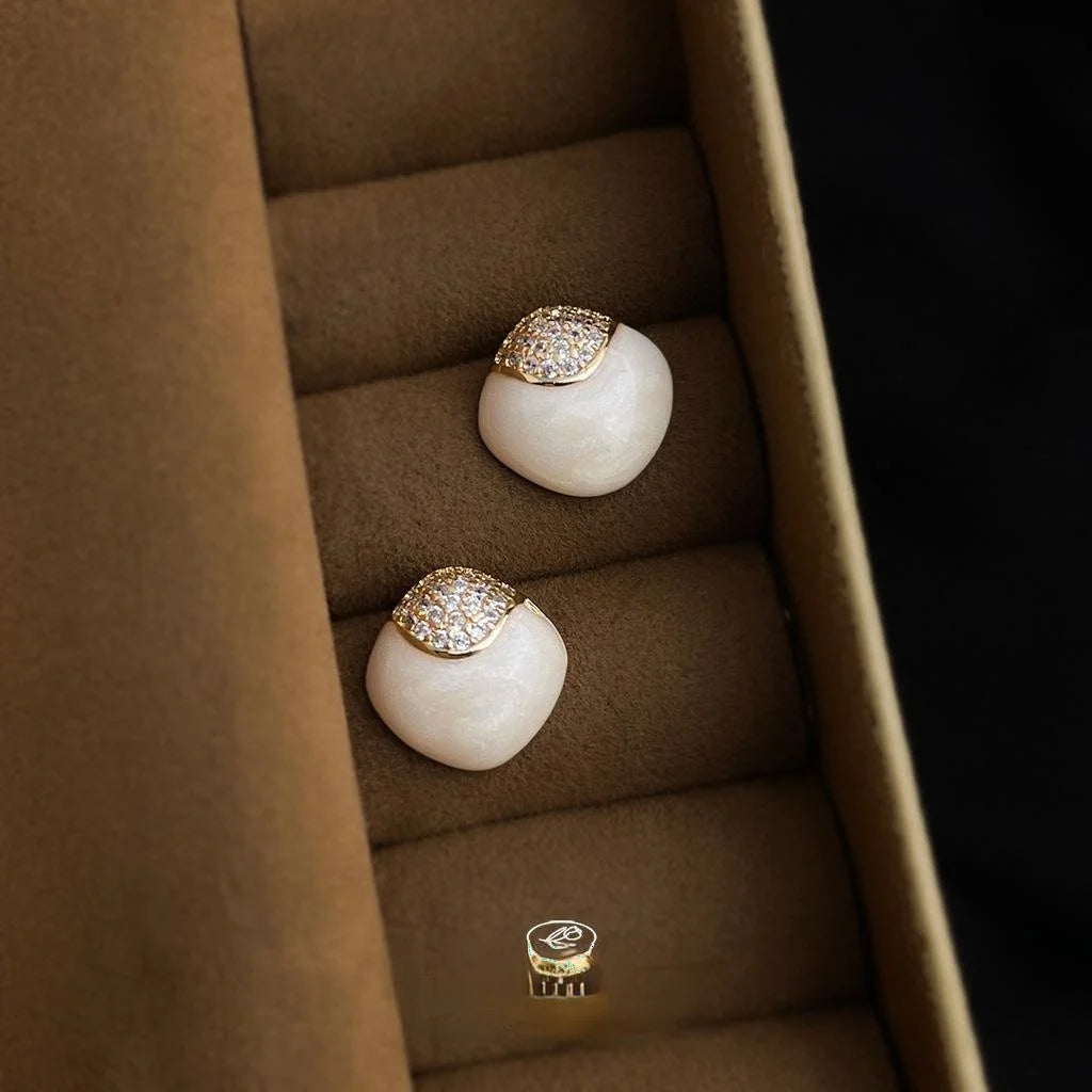 Light Luxury Milky White Geometric Square Zircon Pave Silver Plated Copper Stud Earrings
