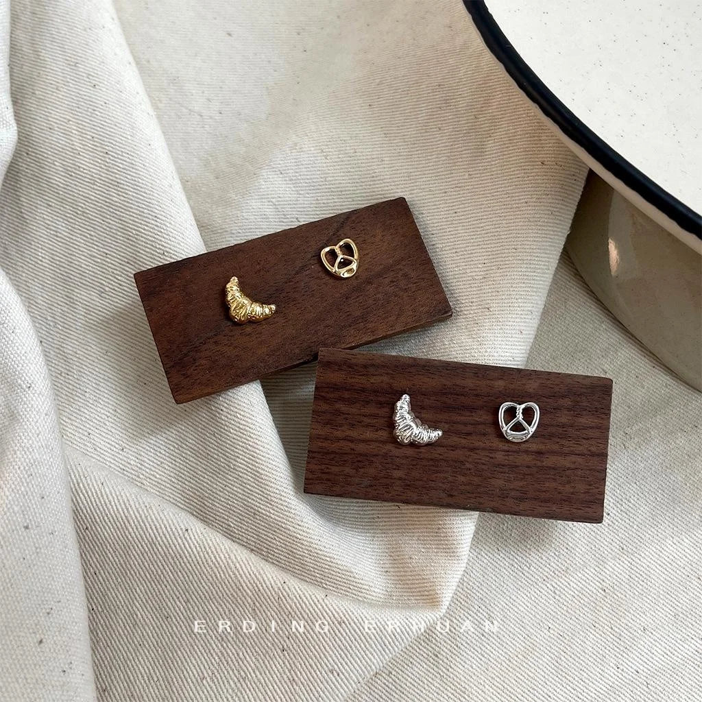 14K Gold Plated Copper Pretzel Croissant Asymmetric Stud Earrings Mini Sweet Geometric Jewelry