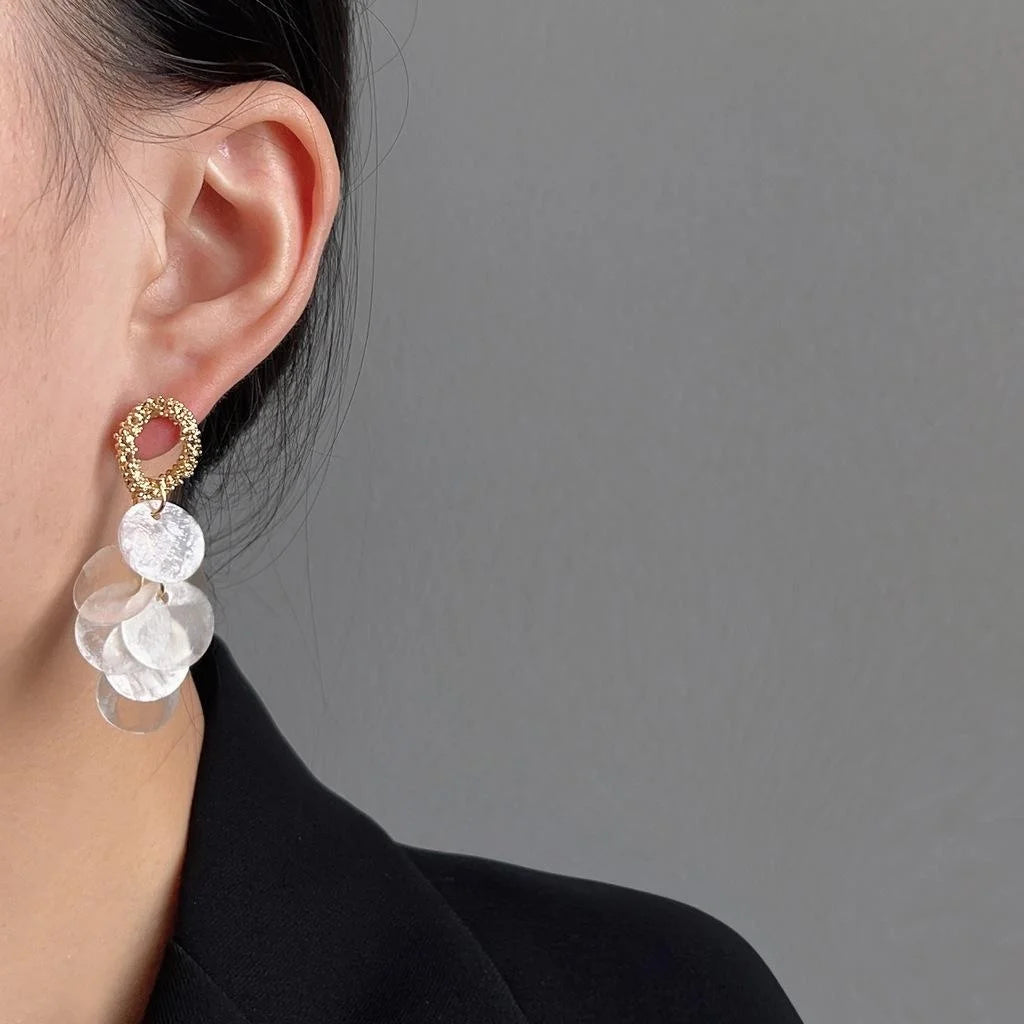 14K Gold Plated Geometric Shell Tassel Stud Earrings Handmade Light Luxury Jewelry