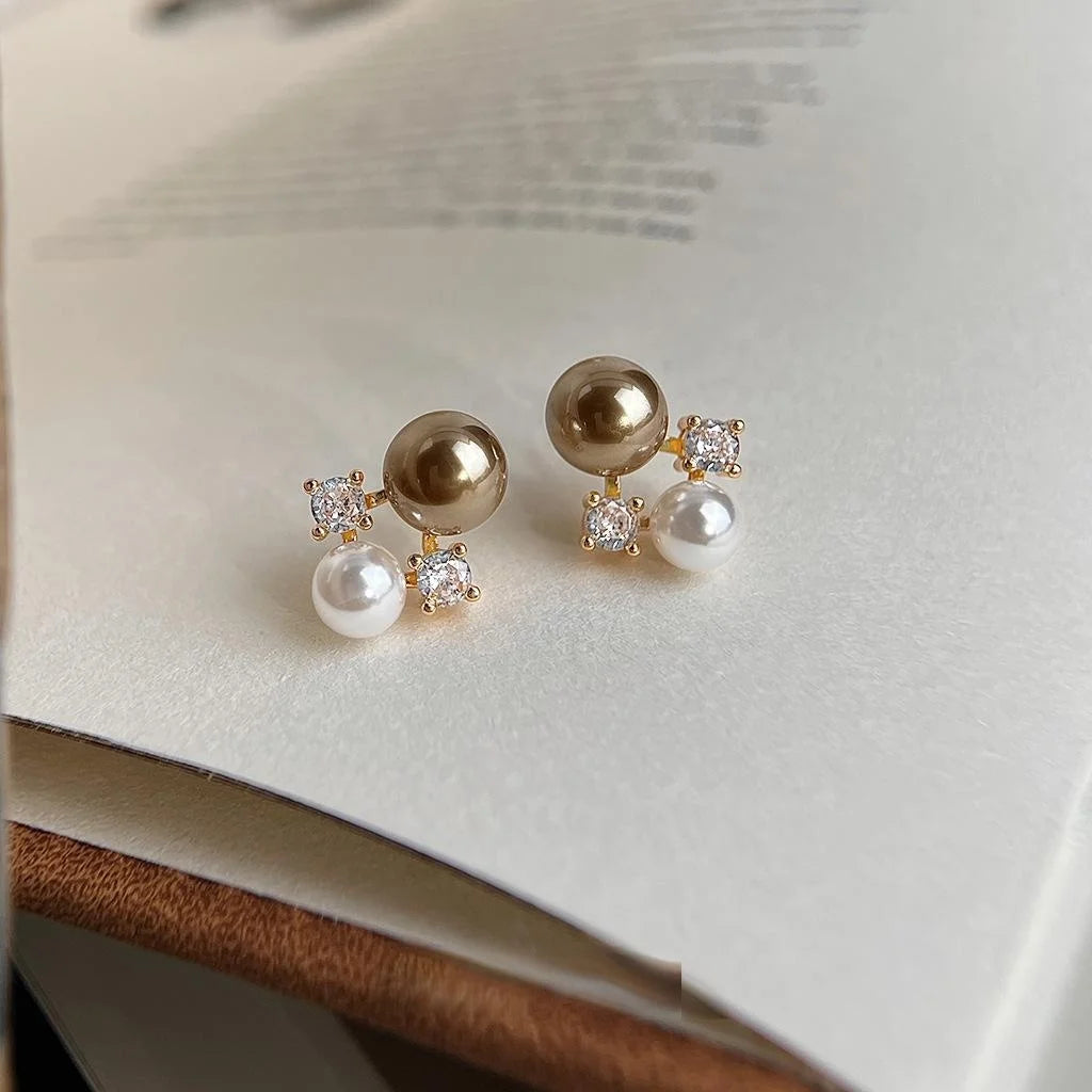 14K Plated Copper Coffee Pearl Zircon Micro Pave Maillard Style Stud Earrings