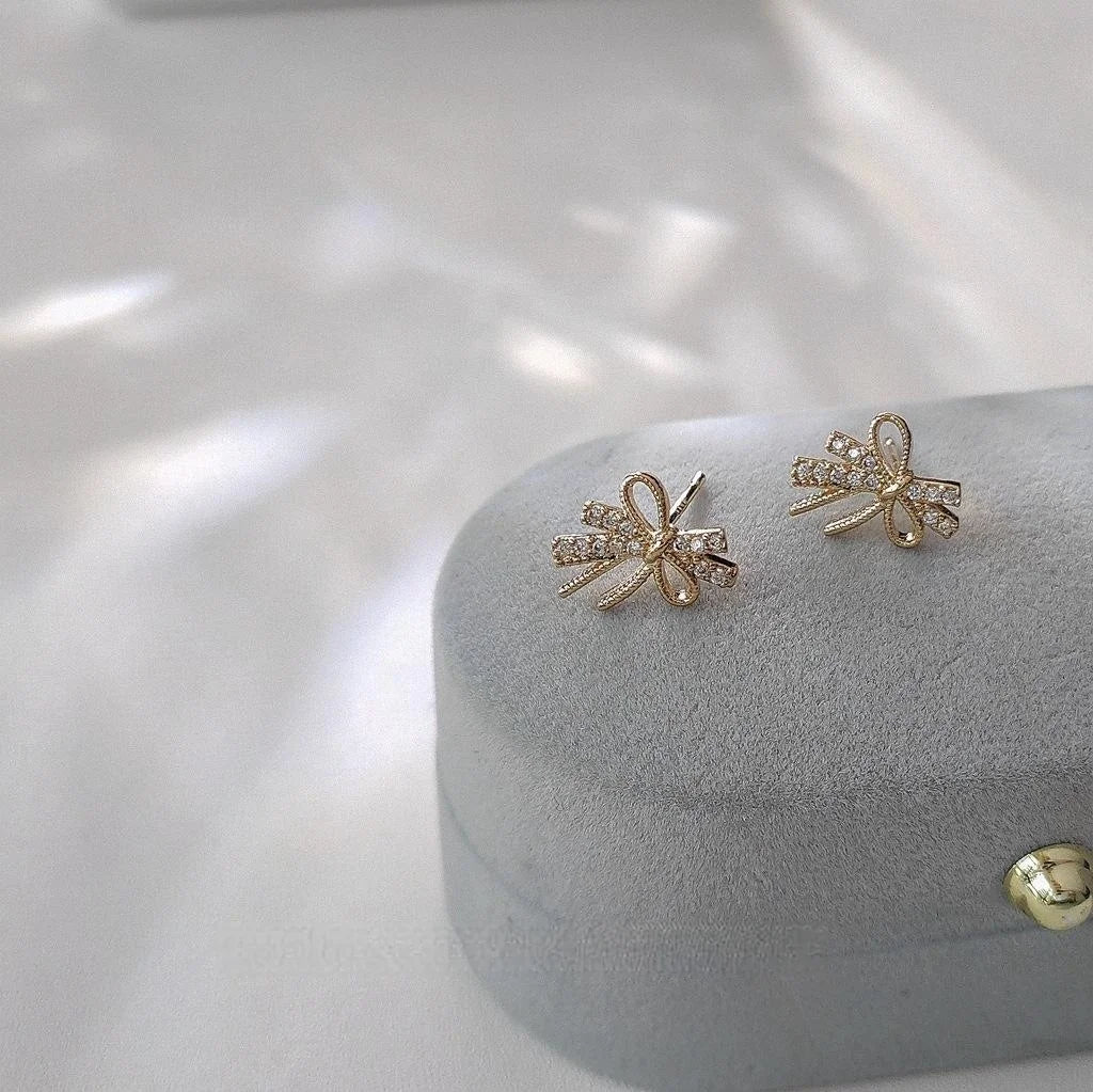 Mini 14K Plated Zircon Bow Stud Earrings, Korean Japanese Minimalist Jewelry