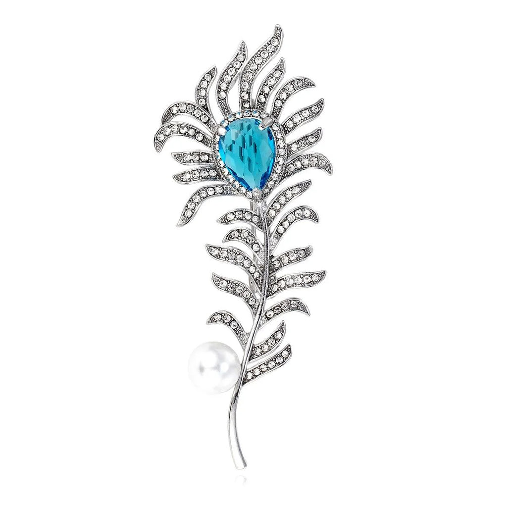 Elegant Crystal Rhinestone Leaf Brooch With Blue Teardrop Gem And Pearl, Luxury Lapel Pin Corsage Gift