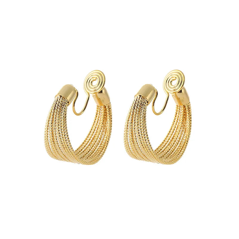 Luxury Silver Tone Alloy Spiral Hoop Stud & Clip On No Piercing Textured Wide Circle Earrings