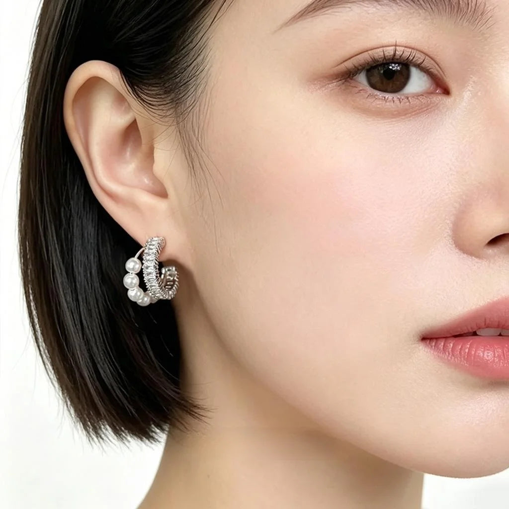 Light Luxury C Shape Geometric Zircon Pearl Drop Earrings Sparkling Round Fashion Ear Jewelry