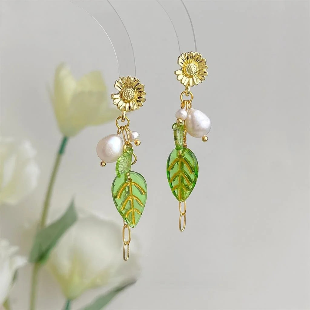 Natural Freshwater Pearl Floral Leaf Tassel Drop Earrings Handmade Forest Style Jewelry