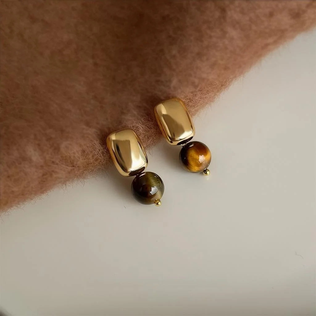 Maillard Style 14K Plated Copper Tiger Eye Stone Geometric Square Drop Earrings