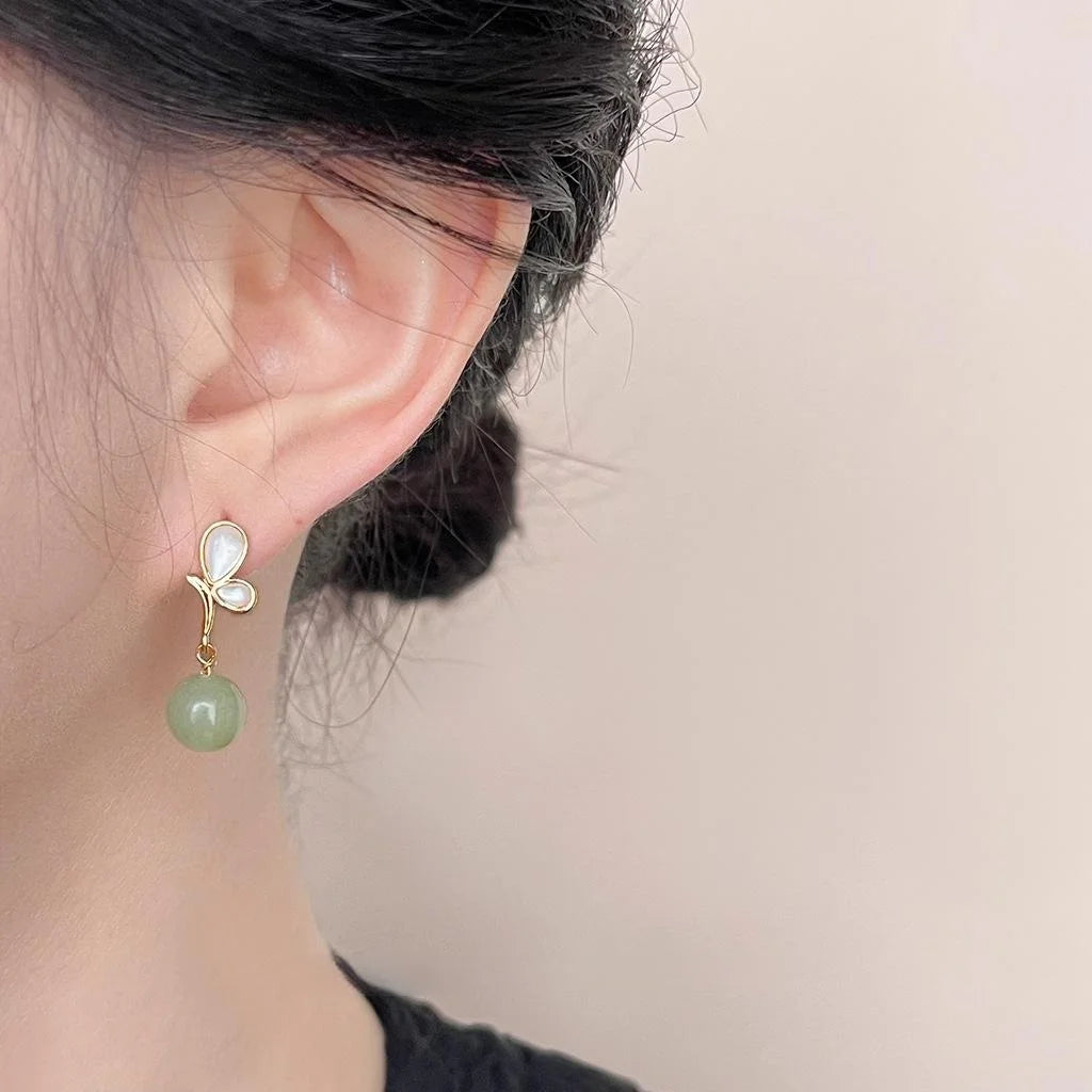 14K Gold Plated Copper Shell Natural Stone Butterfly Drop Earrings Light Luxury Handmade Jewelry
