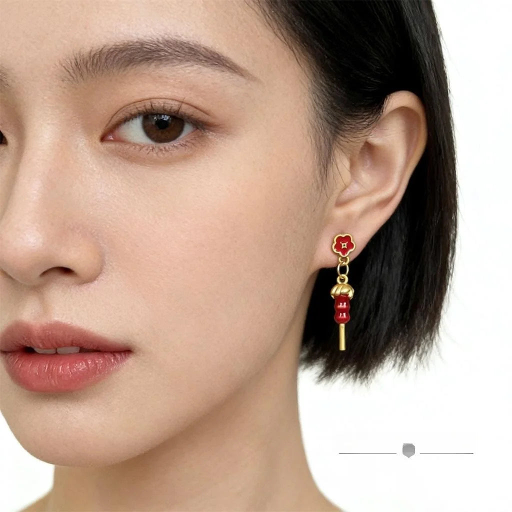 Chinese Style Red Enamel Glazed Gourd Tanghulu Flower Drop Earrings With Copper Body