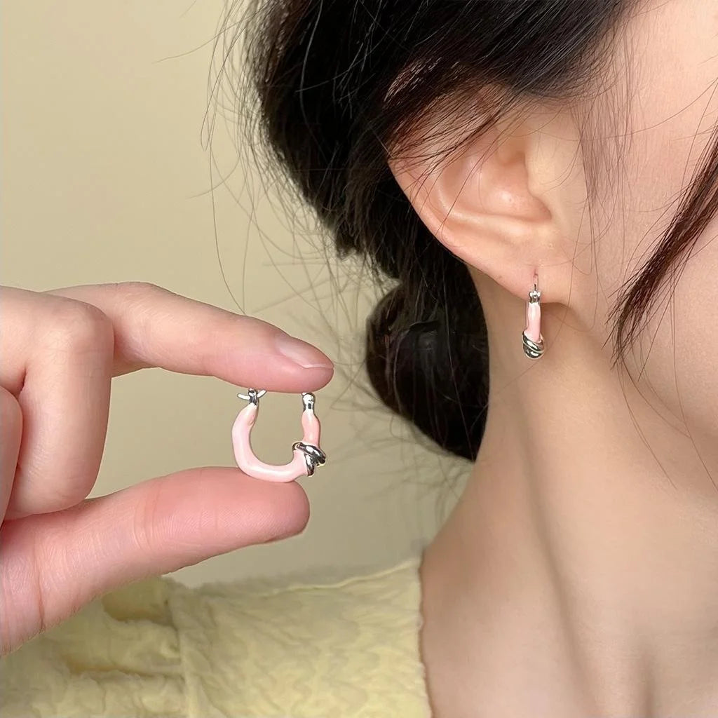 Sweet Copper Enamel Gradient Blue Pink Geometric Knot Drop Earrings For Elegant Office Wear