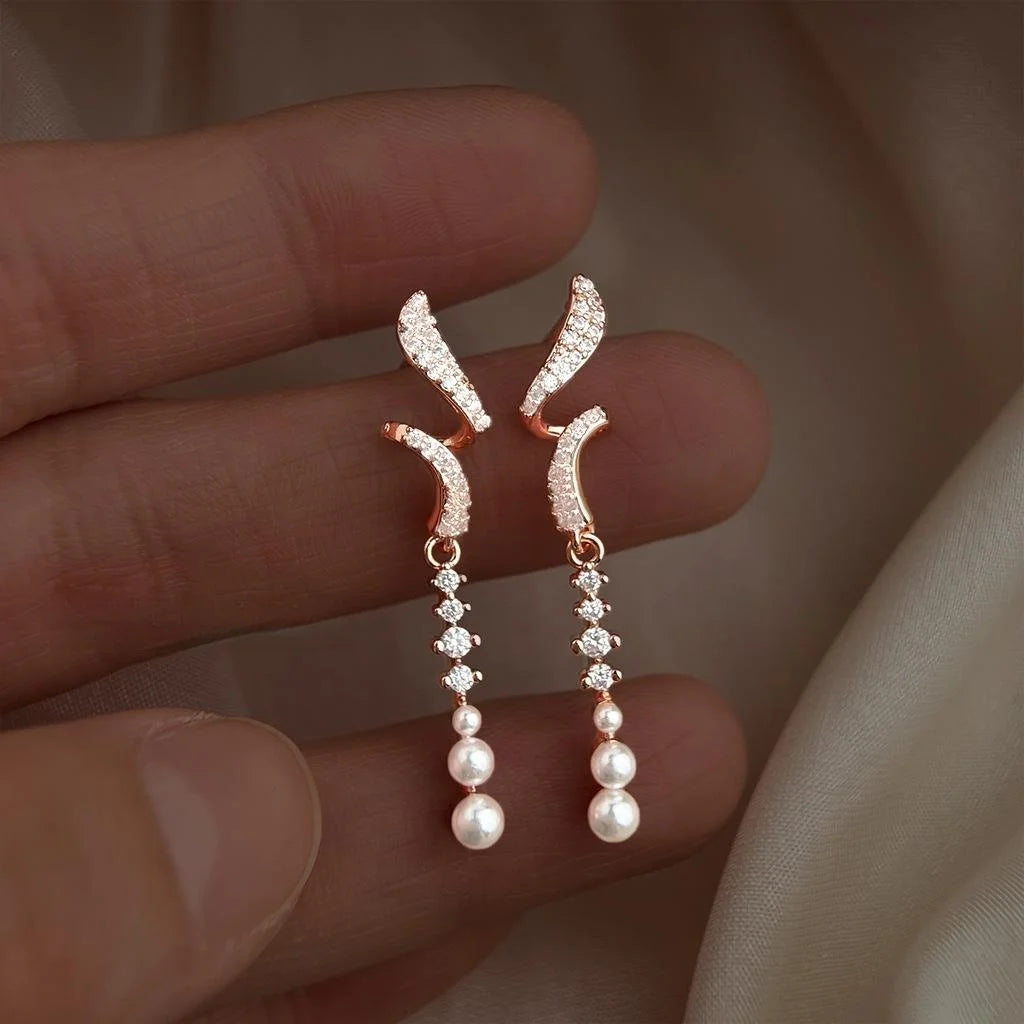 Elegant Long Waterdrop Tassel Drop Earrings With Copper, Lustrous Pearl And Pave Zircon