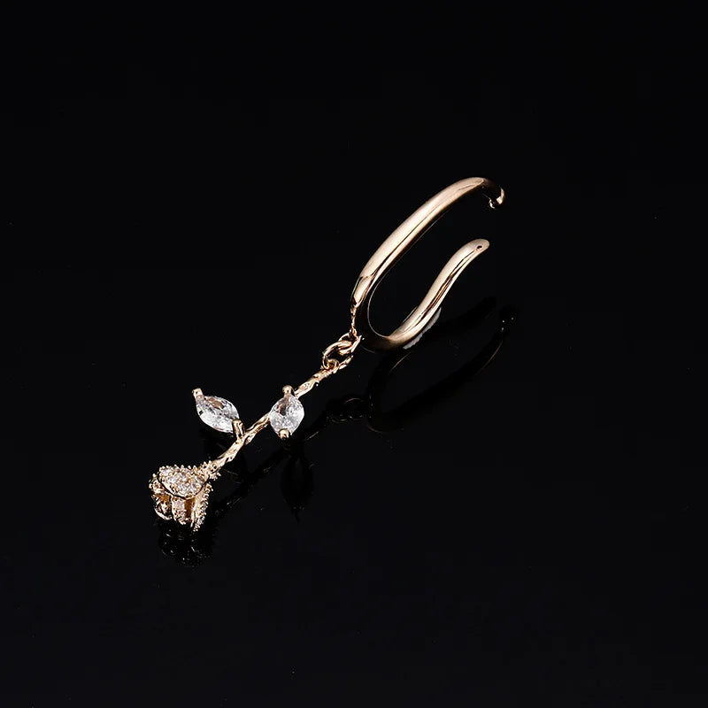 Vintage Rose Flower Zircon Ear Cuff Drop, Elegant Stud & Clip On No Piercing Ear Climber Earrings
