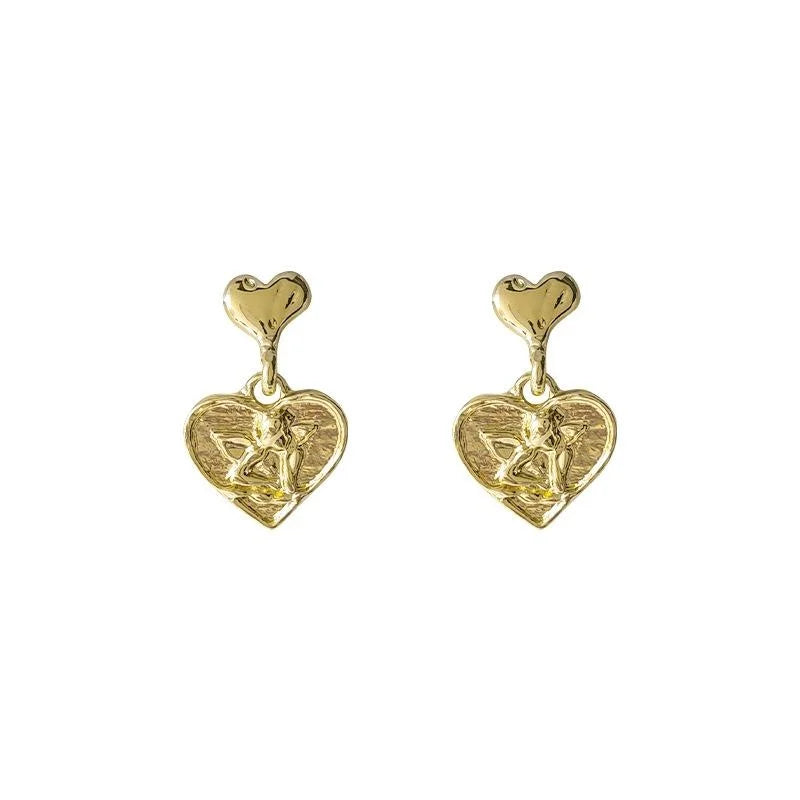 French Vintage Embossed Heart Copper Stud Earrings Handmade Light Luxury Niche Jewelry