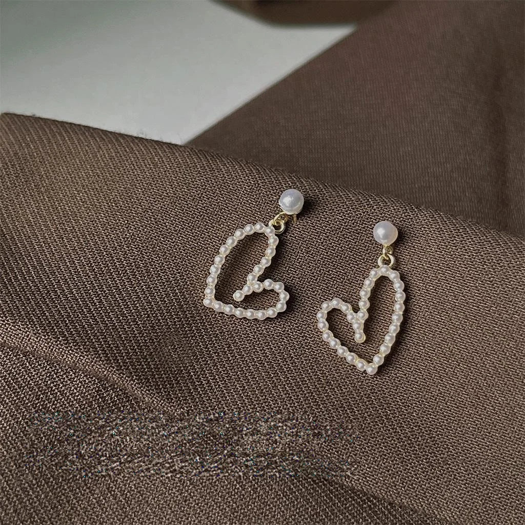14K Gold Plated Copper Pearl Hollow Heart Stud Earrings Sweet Fresh Korean Style