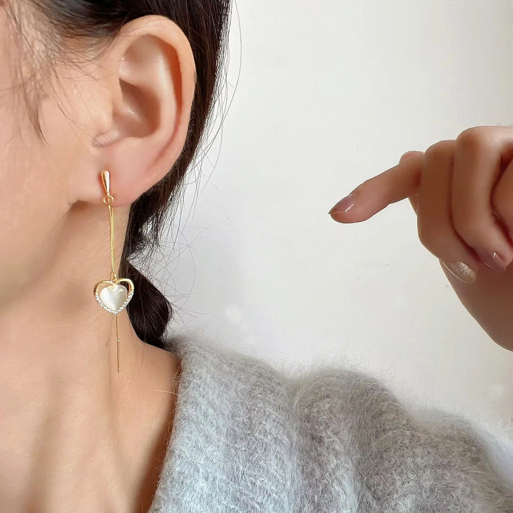 Elegant Heart Cat Eye Stone Tassel Threader Alloy Rhinestone Stud & Clip On No Piercing Earrings