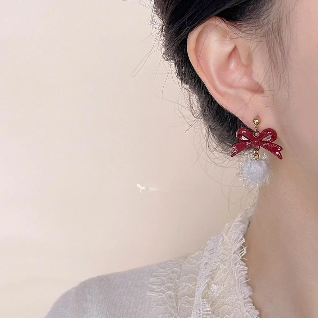 2025 Winter Burgundy Bow Pom Pom Drop Earrings Sweet Vintage Metal Fashion Jewelry