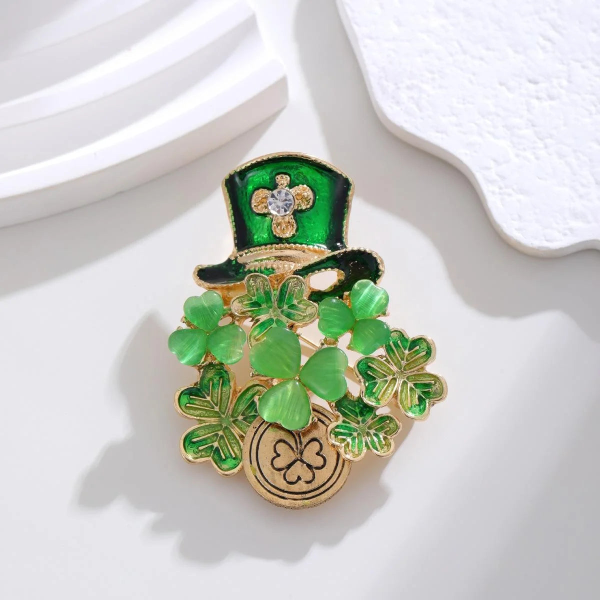 Elegant Green Shamrock Top Hat Enamel Rhinestone Alloy Brooch, Lucky Clover Lapel Pin Gift