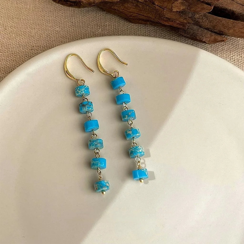 Ethnic New Chinese Natural Stone Geometric Ring Tassel Drop Earrings Handmade Long Dangle Jewelry
