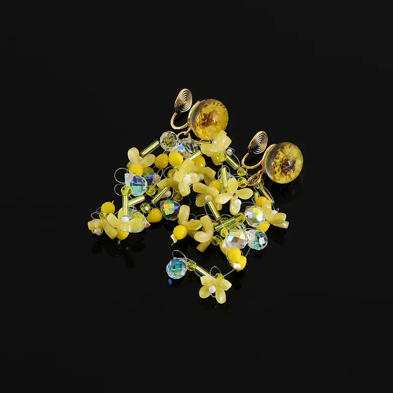 Elegant Yellow Flower Beaded Tassel Crystal Stud & Clip On No Piercing Long Dangle Earrings