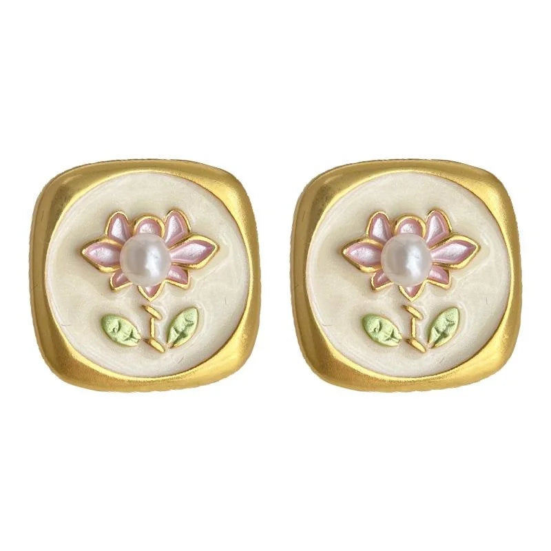 New Chinese Vintage Oil Painting Baroque Freshwater Pearl Lotus Flower Copper Stud Earrings