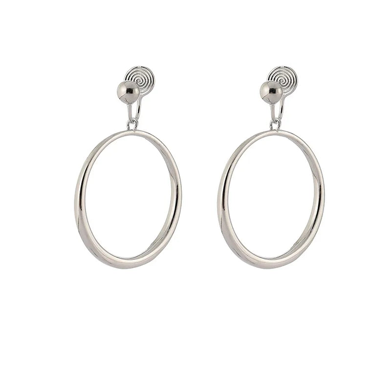 Elegant Silver Alloy Large Circle Hoop Stud & Clip On No Piercing Minimalist Long Dangle Earrings