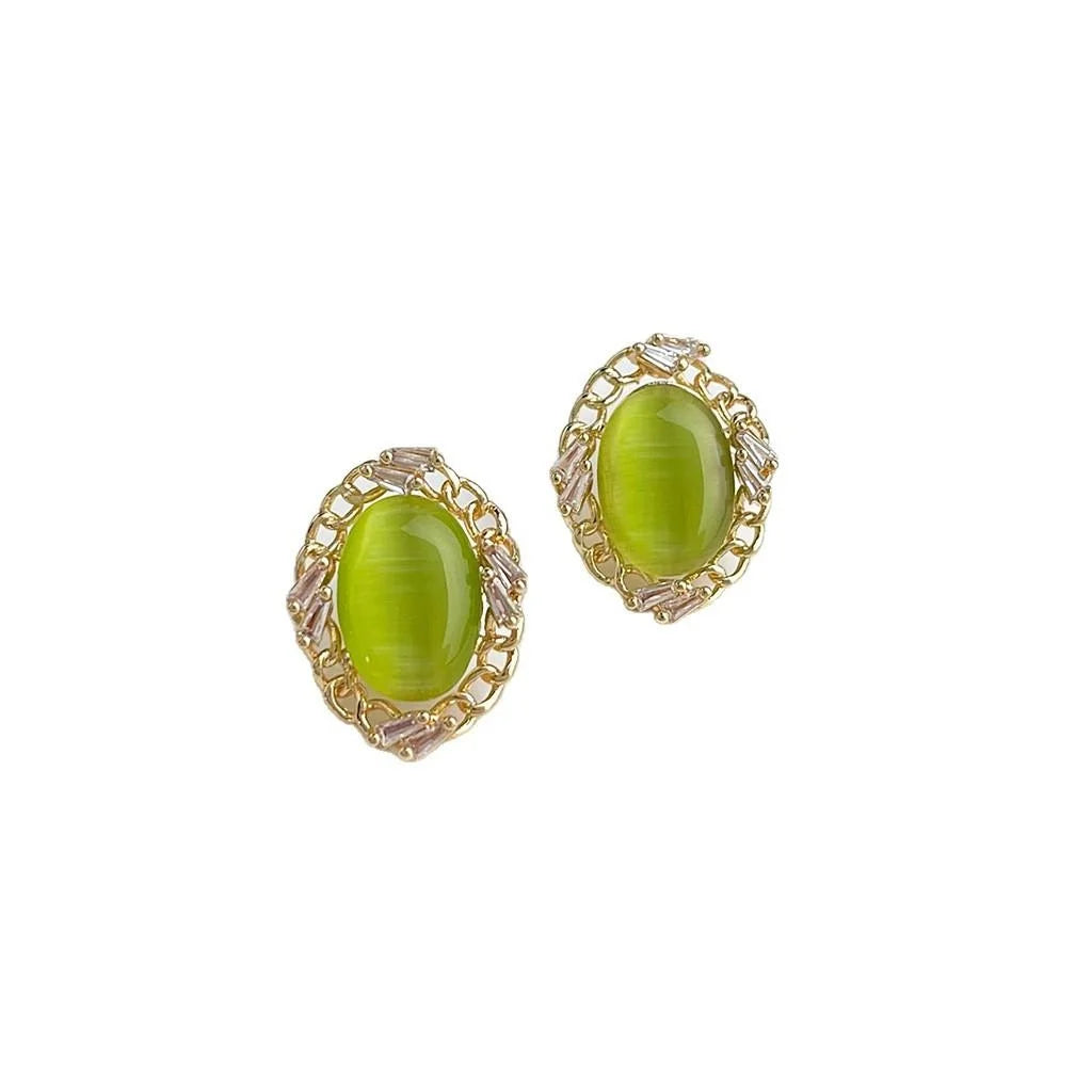 Vintage 14K Plated Copper Olive Green Cat Eye Oval Zircon Stud Earrings
